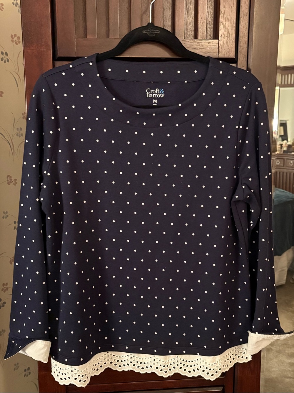 croft & barrow Black and White Polka Dot Long-Sleeve Top with Lace Hem